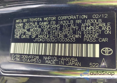 2012 Toyota Prius C Two from USA, damaged, VIN JTDKDTB32C1003633
